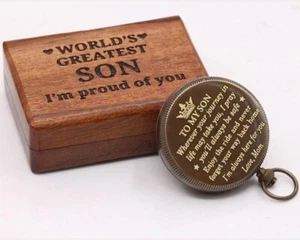 RII Nautical Navy Pocket Brass Compass Gift to Son with Engraved Wooden Box - Picture 1 of 5