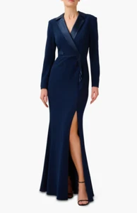 Adrianna Papell Crepe Long Sleeve Tuxedo Trumpet Gown in Navy Blue 4506 Size 2 - Picture 1 of 4