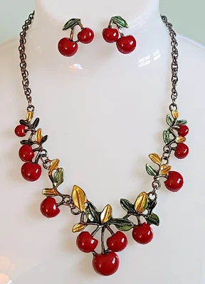 FAUX BAKELITE GORGEOUS RED CHERRY NECKLACE AND EARRINGS GREEN GOLD LEAVES BEAUTY - Image 1 of 4