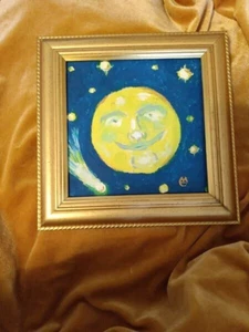 Miniature 5.5 inch oil painting Full Moon and Comet in Gold Frame signed - Picture 1 of 3