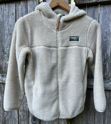 LL BEAN Jacket Girls M 10 12 Cream White Hi Pile Fleece Full Zip Hooded Pockets - Image 1 of 4