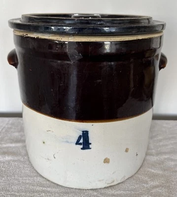 Stoneware Crock 4 Four Gallon With Lid And Handles Large Vintage Americana Crock - Image 1 of 4