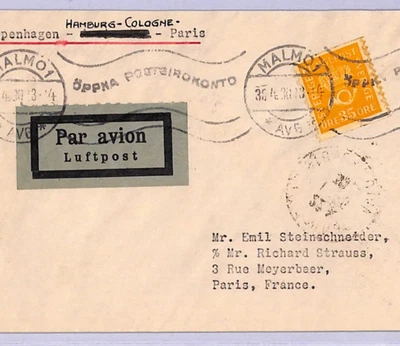 SWEDEN Air Mail 1930 Cover FIRST FLIGHT Malmo Cologne Paris 35o Rate {Joffe}WT68 - Image 1 of 4