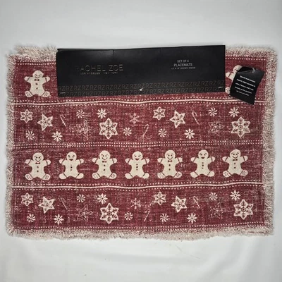 4 Rachel Zoe Holiday Red Placemats Christmas Gingerbread Man Snowflakes Set Of - Image 1 of 3