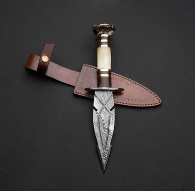Handmade Damascus Steel Dagger Knife with Leather Sheath,Hunting Knife Dagger - Image 1 of 3