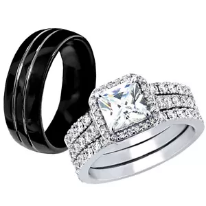 Her Sterling Silver His Black Tungsteno Compromiso Pareja Anillos de Boda Juego de Bandas - Imagen 1 de 5