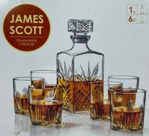 NEW James Scott Glass 7-Piece Whisky Set Italian Crafted Decanter & 6 Glasses - Picture 1 of 10