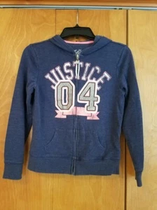 Justice Girls Blue Zip Up Hooded Sweatshirt Size 12 w/ Pink & Silver 04 On Front - Picture 1 of 4
