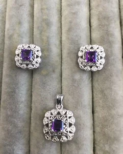 Beautiful Pendant & Earrings Set,Silver Plated Settings w Amethyst Colored Sones - Picture 1 of 5