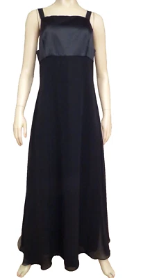Vestido maxi Tadashi Shoji anos 90 preto comprimento total cetim chiffon tamanho 12 - Imagem 1 de 4