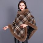 Ladies Faux Fur Trim Check Fleece Lined Plaid Poncho Thermal Winter One Size