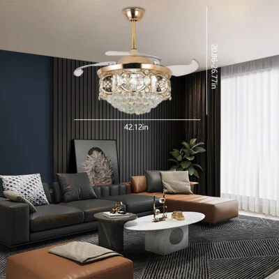 Ventilador de Techo Invisible LED Cristal Moderno 42" Lámpara Ventilador Retráctil + Mando a Distancia Foto 1 de 4