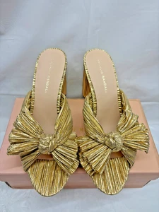 Loeffler Randall Women's Penny Pleated Mid High Heel Sandals Gold Bow-*NEW* - Picture 1 of 5
