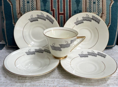 ANTIQUE ROYAL DOULTON ART DECO BLACK 'LIDO' CUP & SAUCER+3 EXTRA SAUCERS V1694 - Image 1 of 4