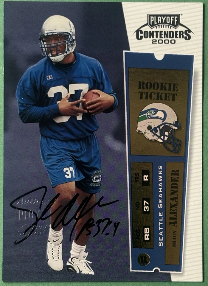 Boleto de novato Shaun Alexander Playoff Contenders 2000 automático en tarjeta autógrafo radiocontrol Foto 1 de 1