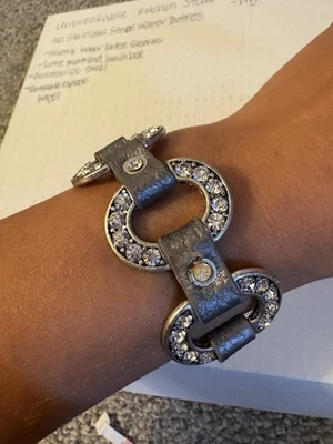 Premier Designs Rhinestone Starlet” matte silver plated genuine leather Bracelet - Image 1 of 4