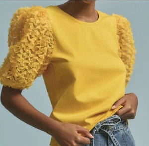 Anthropologie Flat White Women’s Yellow Shirt W/ Puff Sleeves Size Medium - Picture 1 of 9