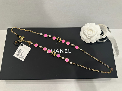 Collana lunga Chanel 24C oro rosa bianco perlato nuova con etichetta