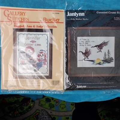 2 Bucilla Raggedy Ann & Andy Cross Stitch Birth 32340 Janlymn Flying Geese 71-52 - Image 1 of 4