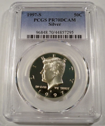 1997 S SILVER Kennedy Half Dollar JFK Proof PCGS PR70DCAM Deep Cameo Blue 50C Cover