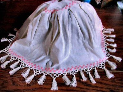 Cubierta de sombrilla vintage hecha a mano blanco lino rosa borlas de encaje bordado Foto 1 de 4