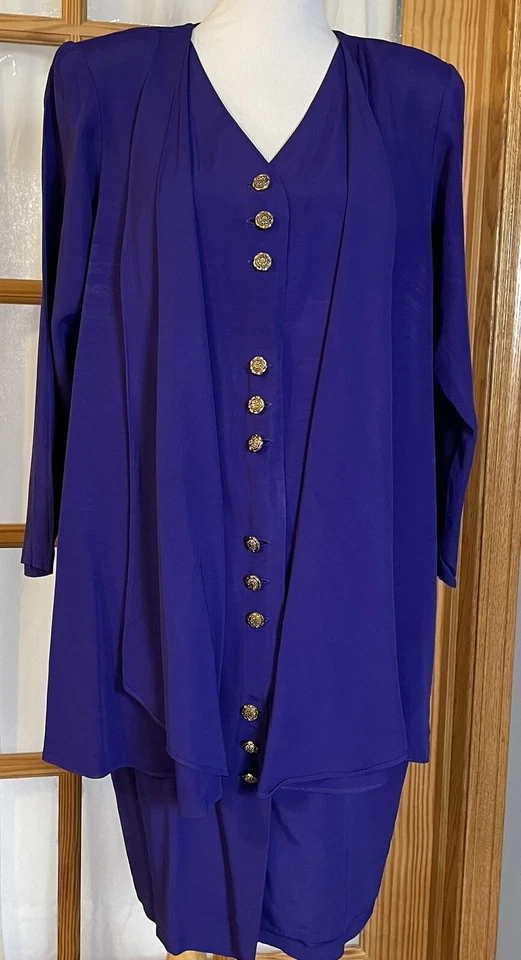 Vestido Chaqueta Integrada Años 80 Luci Pellini Talla 14 Azul Purpúreo Abotonado EE. UU. Formal Foto 1 de 4