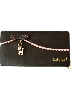 BLACK & PINK "Lucky You!" Zip Folded Wallet, Cat Charm,Bow Scalloped Edge,Tassle Foto 1 de 4