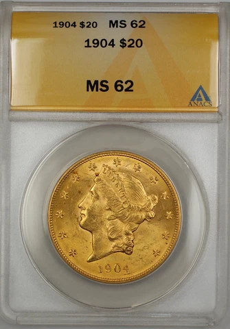 1904 $20 Liberty Double Eagle Gold Coin ANACS MS-62 SB (Better) (B) Cover