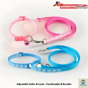 Small Dog Cat Pet 13" Collar 48" Leash Adjustable Training Set With Paws Bell - Picture 1 of 14