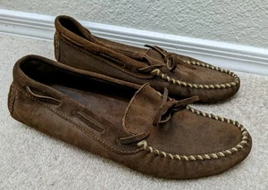 Vtg Minnetonka Suede Driving Moccasins Sz 11 Made In USA Loafers Brown - Picture 1 of 8