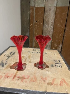 Maurano Glass Ruby Red Ribbed Glass Trumpet Bud Vase Flowers Home Decor - Picture 1 of 21
