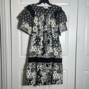 Vintage 70s Krist Gudnason California Dress Women Medium Black White Tan Floral - Bild 1 von 10