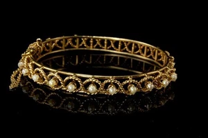 BRAZALETE BRAZALETE FILIGRANA CUERDA ORO 14K 22,1g DE COLECCIÓN 11 PERLAS BLANCAS BRILLO GLM - Imagen 1 de 6