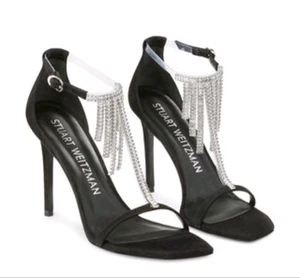 New Stuart Weitzman Women Nudistcurve Patent Sandal Black Size 8.5B Crystals - Picture 1 of 9