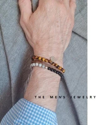 Nuevo Juego Pulsera Hombre Ojo de Tigre con Jaspe y Ónix Tejido a Mano 3 Piezas Foto 1 de 4