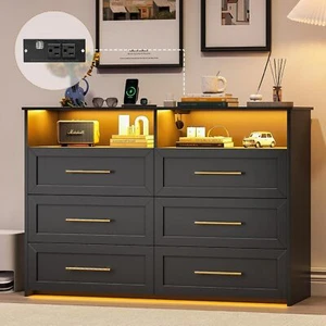 Black Dresser with LED Lights and Charging Station, Chest of 6 Drawers. Bedroom - Picture 1 of 7