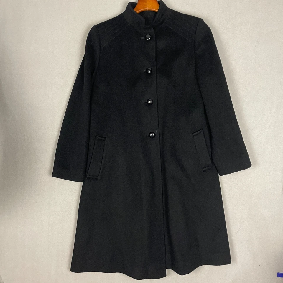 Abrigo largo Forstmann para mujer 100 % lana negro con botones cuello alto a cuadros medida Foto 1 de 4