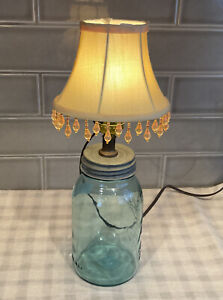 Blue Ball Mason Jar Lamp, Zinc Top, Silk Shade with Beads.