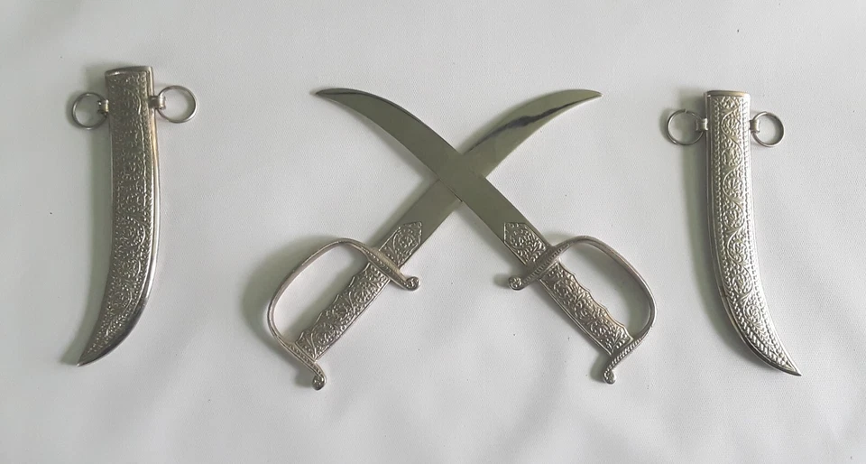 ANTIQUE MIDDLE EASTERN Silver KNIFE SWORDS AFGHAN PAIR ARABIC SHEATH SCABBARD - Image 1 of 4