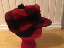 Vintage Black Red Plaid Check Fleece Pom Ear Flaps Sz S/XS  Hat Cap