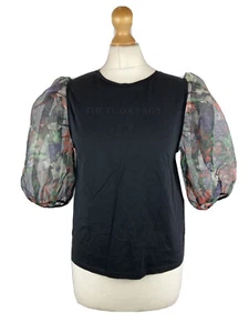 Top elástico de organza floral negro manga abullonada 3/4 mediano Zara para mujer A11 - Imagen 1 de 10