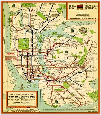 Póster retro del mapa del metro de la ciudad de Nueva York de la década de 1940 arte de pared de Nueva York 12X16/16X20/18X24/24X36 Foto 1 de 4