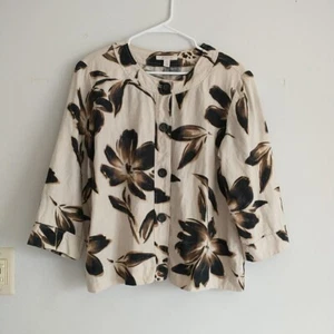 JM Collection Top Jacke Blazer 16 schwarz beige geblümt 100% Leinen Freizeit Reise - Bild 1 von 7