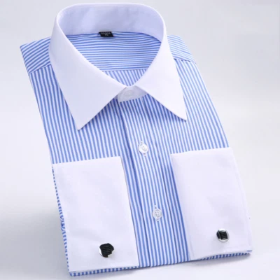 Mens Dress Shirts Luxury Casual Striped White Collar Camisas French Cuff Shirts - Image 1 of 4