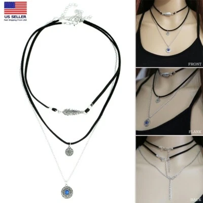 Fashion Vintage Women Flannel Necklace Layered Leaf Sundial Sun Disc Choker 1400 - Image 1 of 4