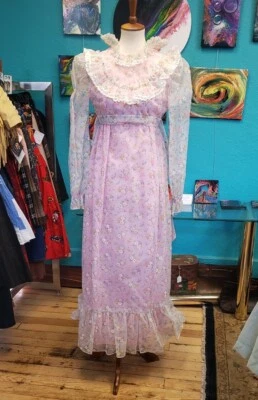 VTG 70s Pink Floral Prairie Maxi Dress Boho Prom Homecoming Formal Bridesmaid - Image 1 of 4