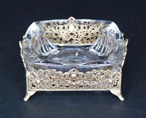 Vintage 1950’s Lead Crystal Ashtray w/ Gold Tone Ormolu Filigree Footed Stand - Picture 1 of 5