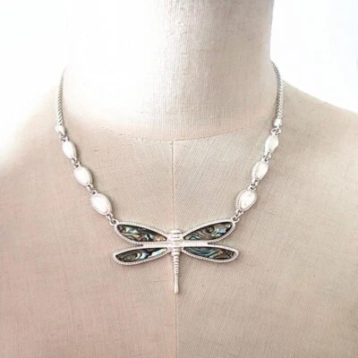 Lucky Brand Mother of Pearl Dragonfly Pendant Collar Vintage Silver Necklace - Image 1 of 3