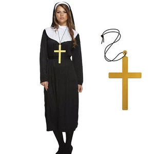 Nun Costume & Cross Adult Ladies Halloween Fancy Dress Party Costume Sister Act - Picture 1 of 4