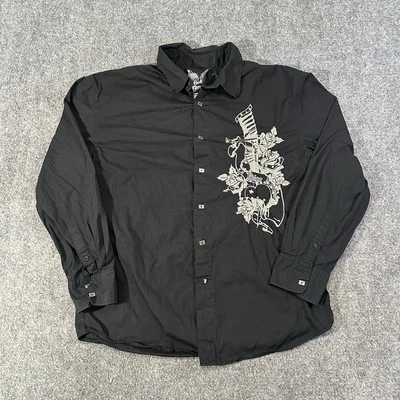 Brooklyn Xpress Embroidered Button Up Shirt XL Men’s Black Y2K Rhinestone Skull  - Image 1 of 4